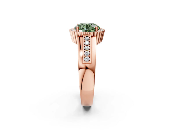 Rose gold Fancy Green Round  Cut Halo Pave Band Four-Prong Ring