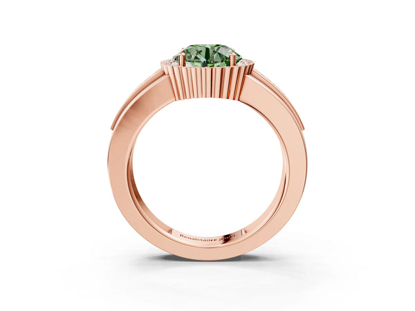 Rose gold Fancy Green Round  Cut Halo Pave Band Four-Prong Ring