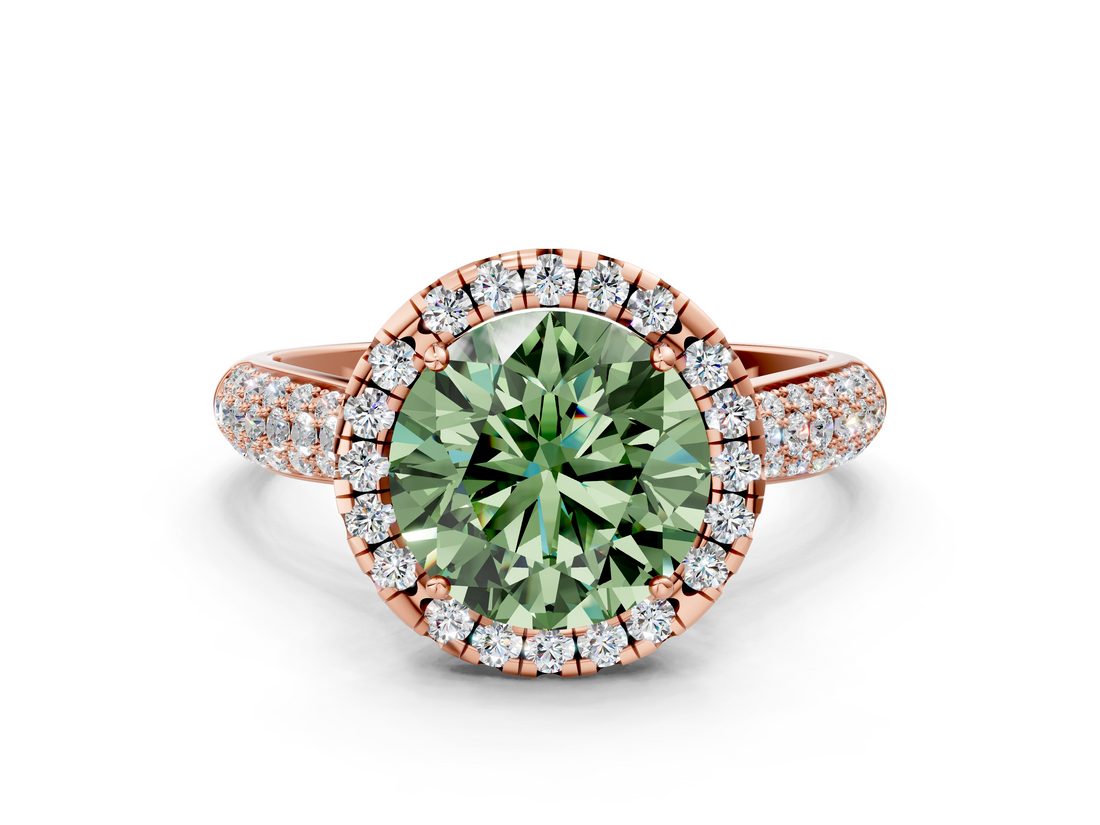 Rose gold Fancy Green Round  Cut Halo Pave Band Four-Prong Setting Ring_38