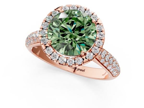 Rose gold Fancy Green Round  Cut Halo Pave Band Four-Prong Setting Ring