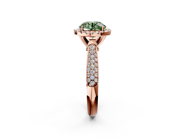 Rose gold Fancy Green Round  Cut Halo Pave Band Four-Prong Setting Ring