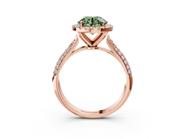 Rose gold Fancy Green Round  Cut Halo Pave Band Four-Prong Setting Ring