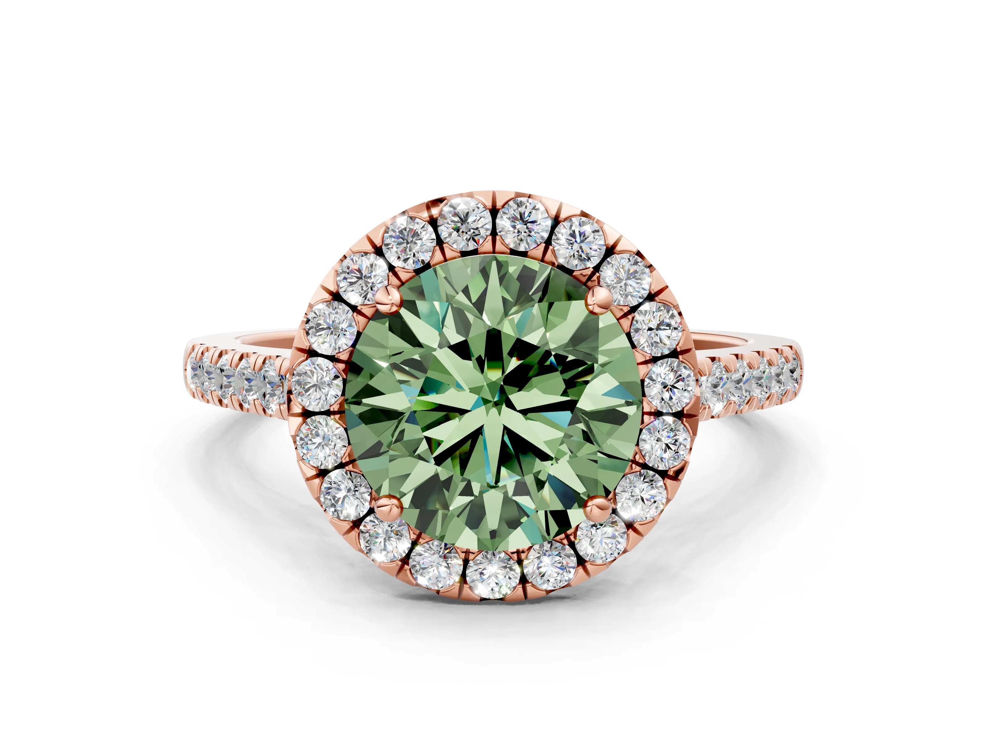 Rose gold Fancy Green Round Cut Halo Pave Diamond Engagement Ring with Four-Prong Setting