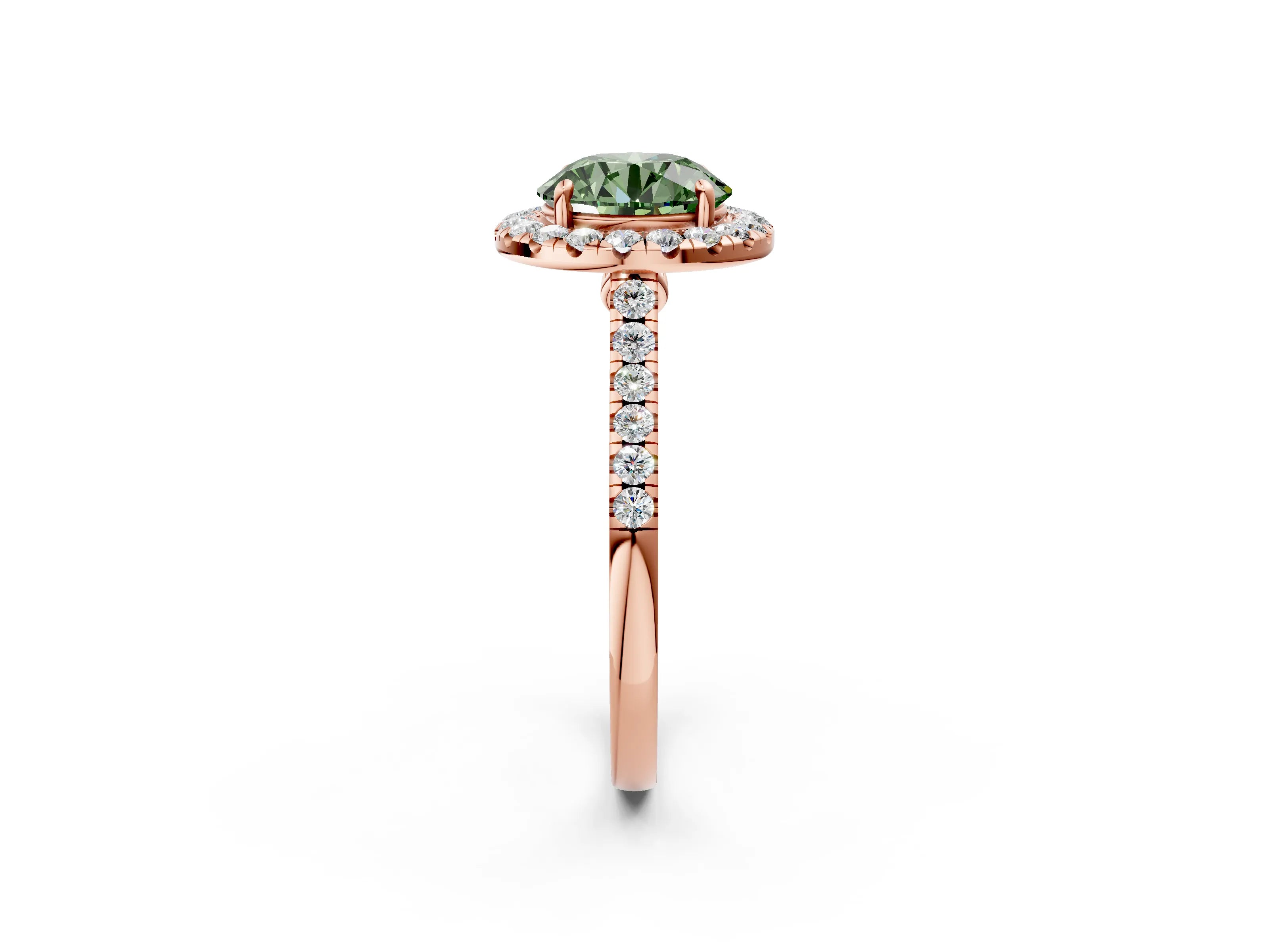 Rose gold Fancy Green Round Cut Halo Pave Diamond Engagement Ring with Four-Prong Setting_2