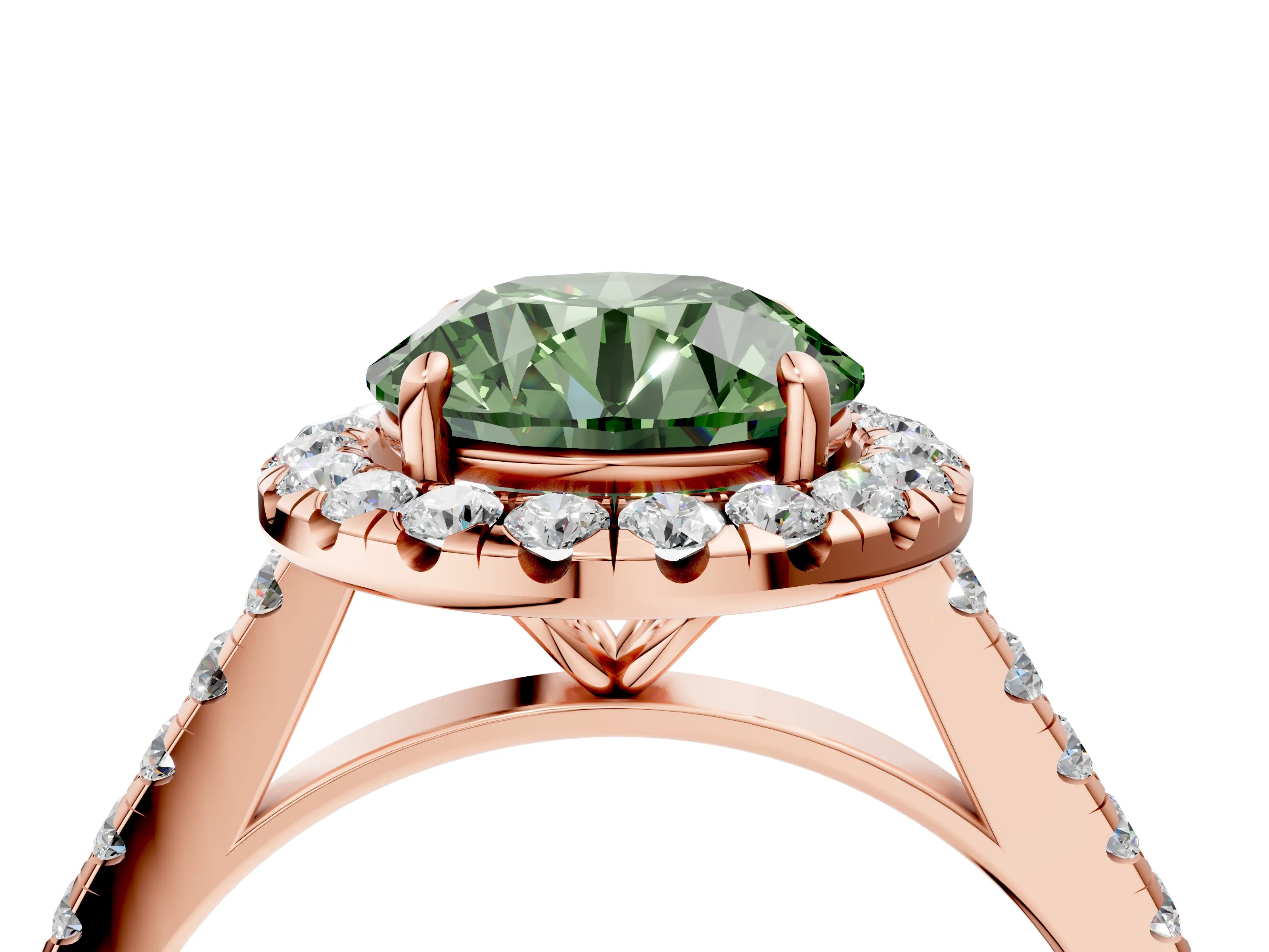Rose gold Fancy Green Round Cut Halo Pave Diamond Engagement Ring with Four-Prong Setting_4