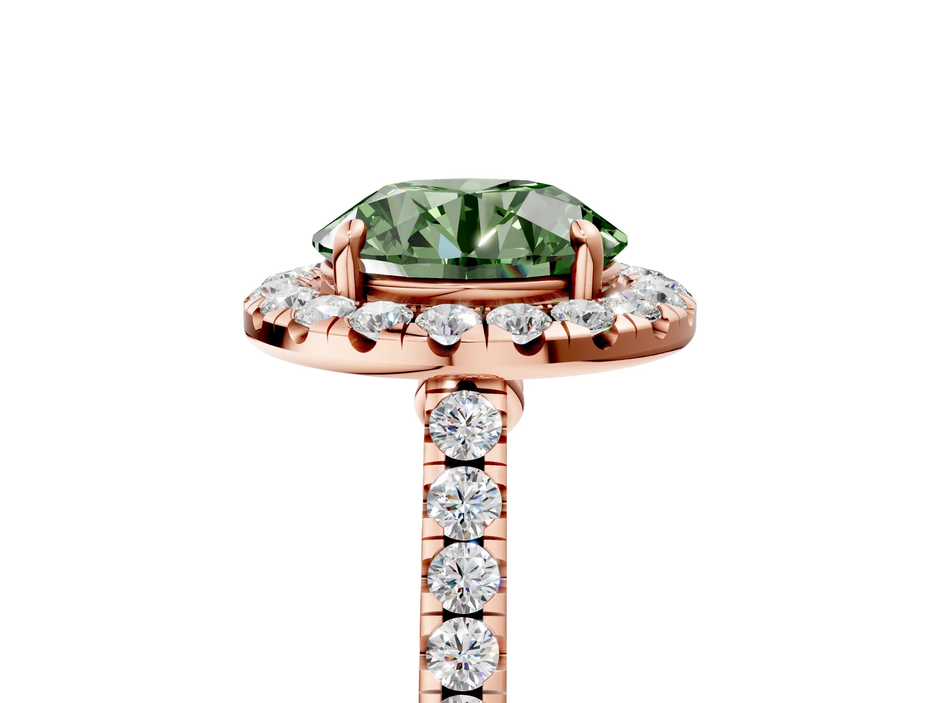 Rose gold Fancy Green Round Cut Halo Pave Diamond Engagement Ring with Four-Prong Setting_5