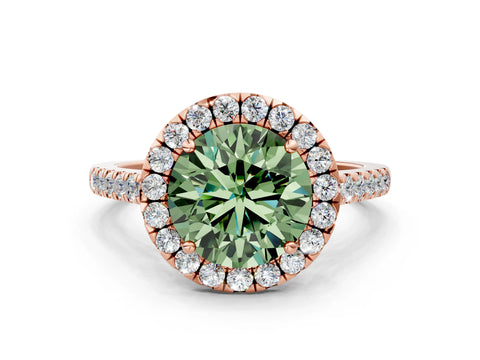 Rose gold Fancy Green Round Cut Halo Pave Diamond Engagement Ring with Four-Prong Setting
