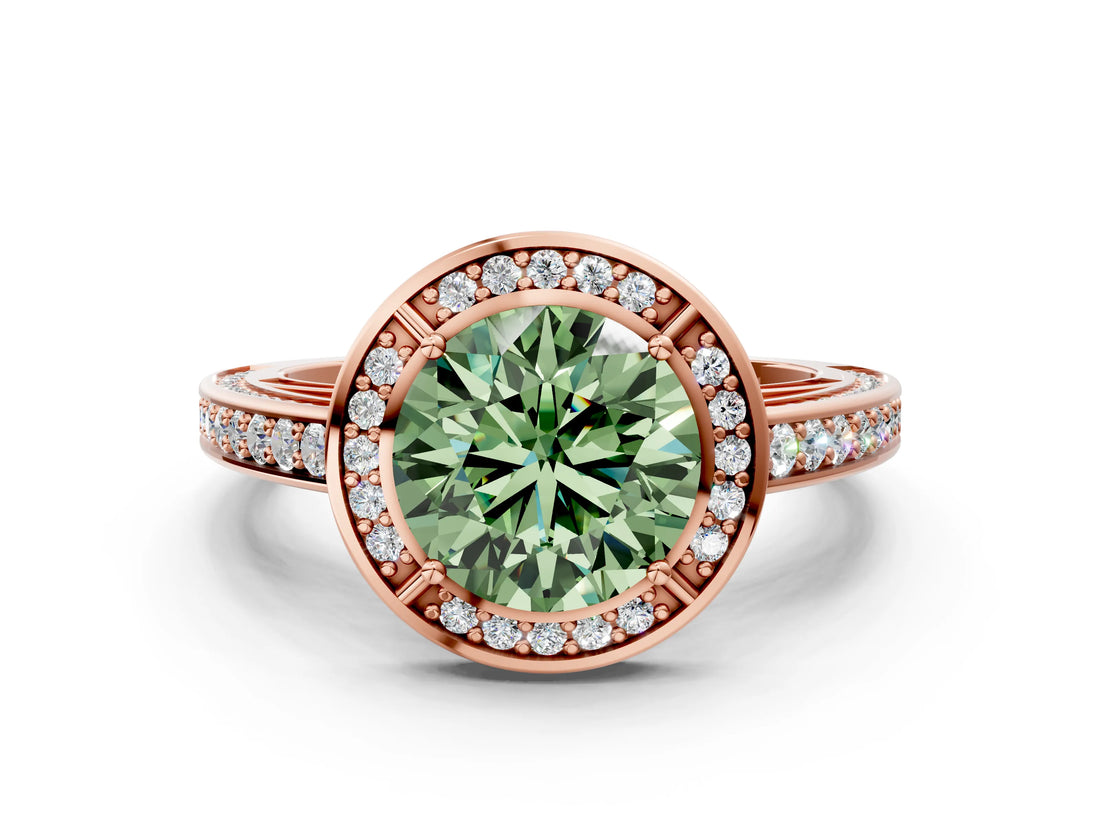 Rose gold Fancy Green Round  Cut Halo Pave Split Shank Prong Setting Ring_32
