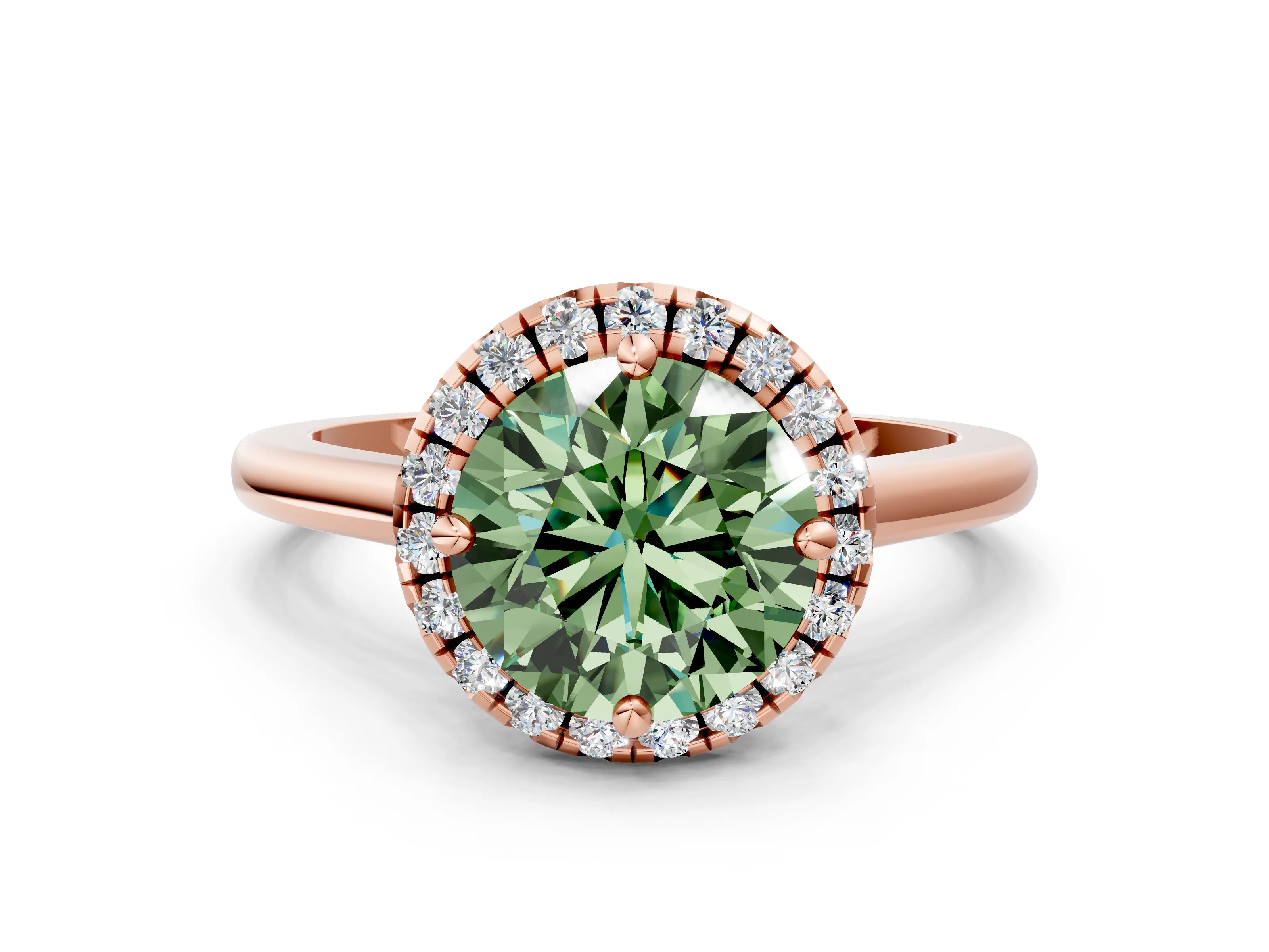 Rose gold Fancy Green Round Cut Halo Round Diamond Solitaire Engagement Ring with Pave Band and Four-Prong Setting_12