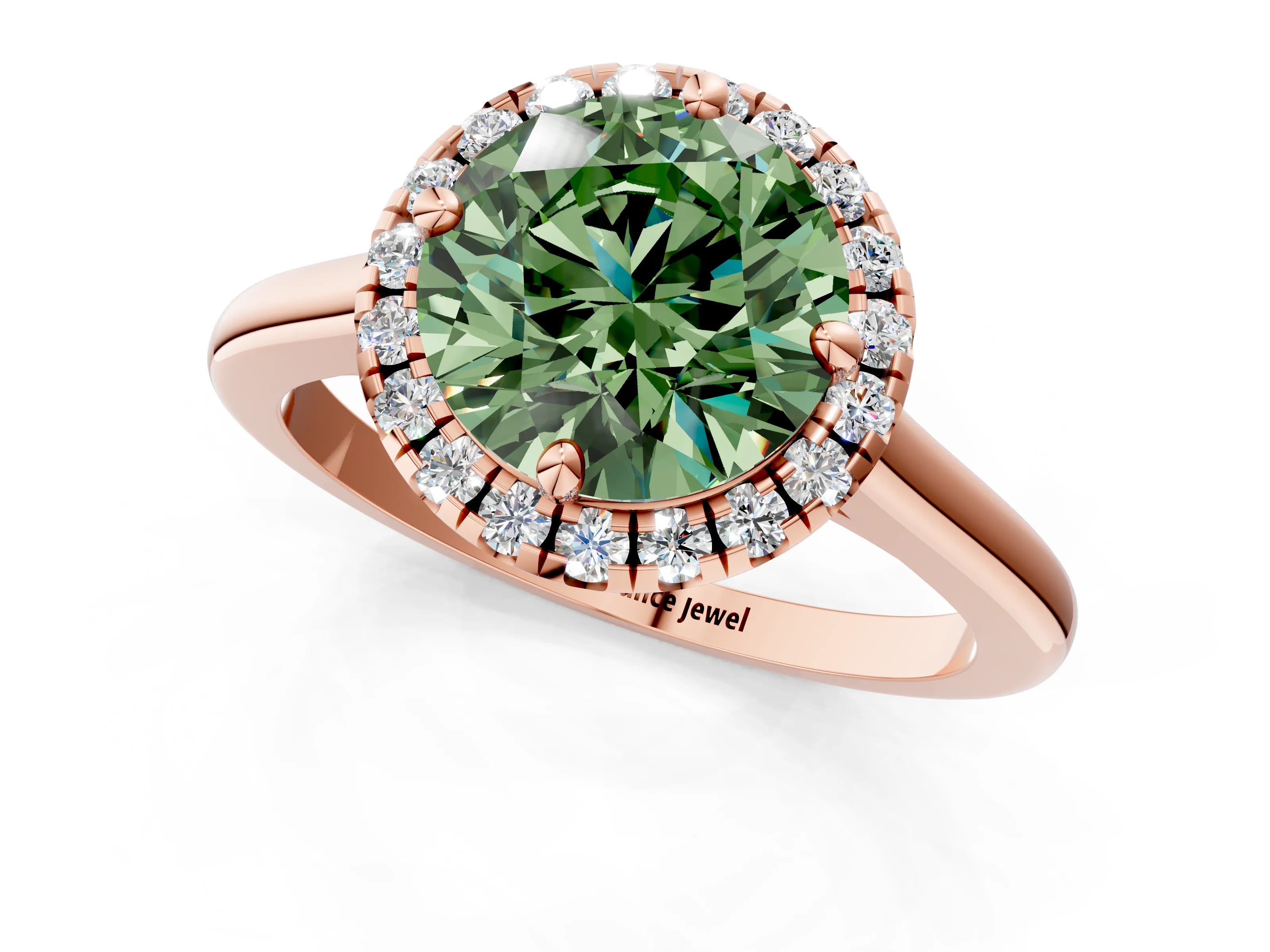 Rose gold Fancy Green Round Cut Halo Round Diamond Solitaire Engagement Ring with Pave Band and Four-Prong Setting_13