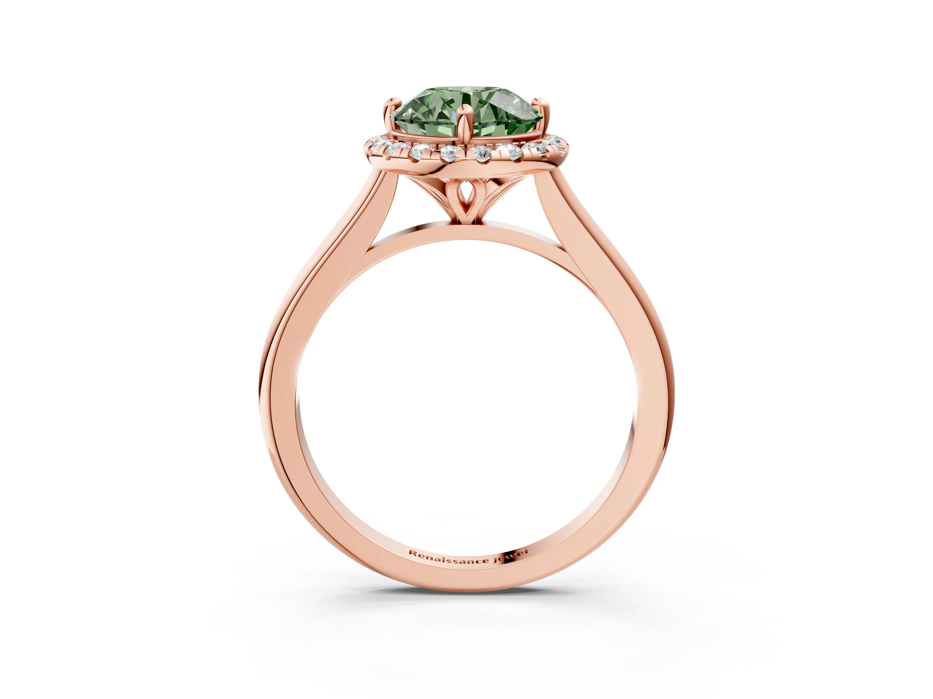 Rose gold Fancy Green Round Cut Halo Round Diamond Solitaire Engagement Ring with Pave Band and Four-Prong Setting_15