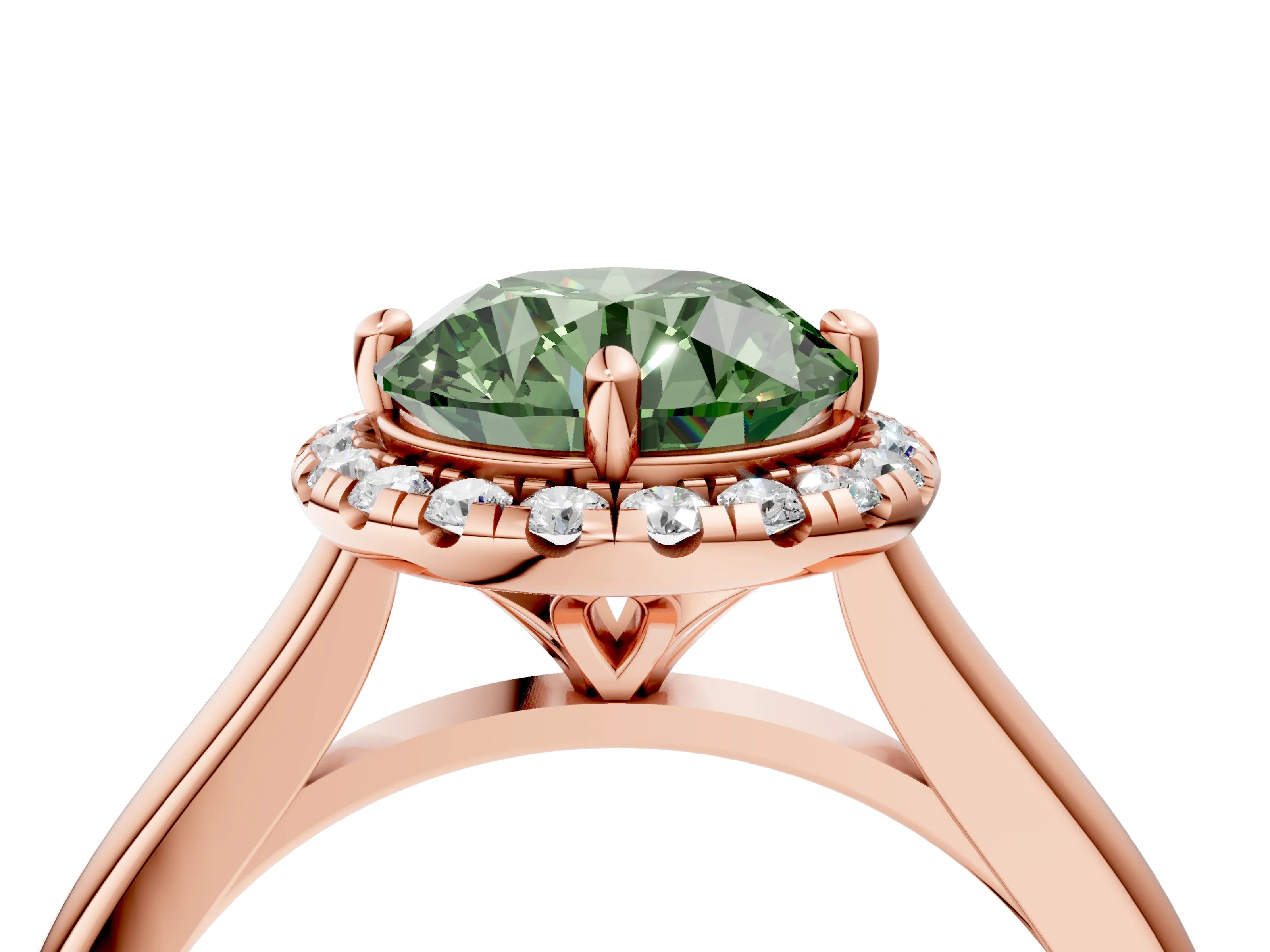Rose gold Fancy Green Round Cut Halo Round Diamond Solitaire Engagement Ring with Pave Band and Four-Prong Setting_16