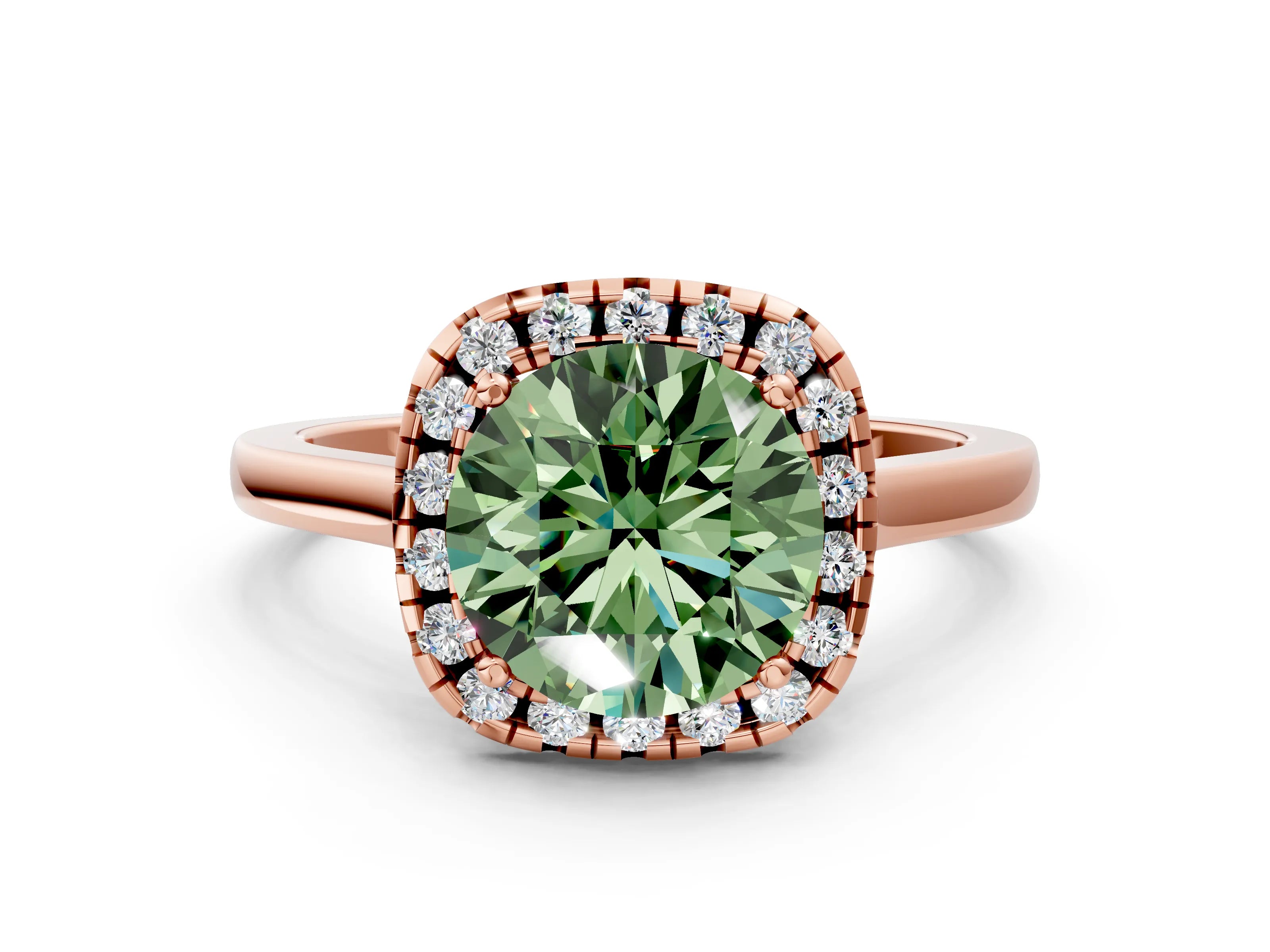 Rose gold Fancy Green Round Cut Halo Round Diamond Solitaire Ring with Pavé Band and Four-Prong Setting