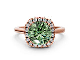 Rose gold Fancy Green Round Cut Halo Round Diamond Solitaire Ring with Pavé Band and Four-Prong Setting