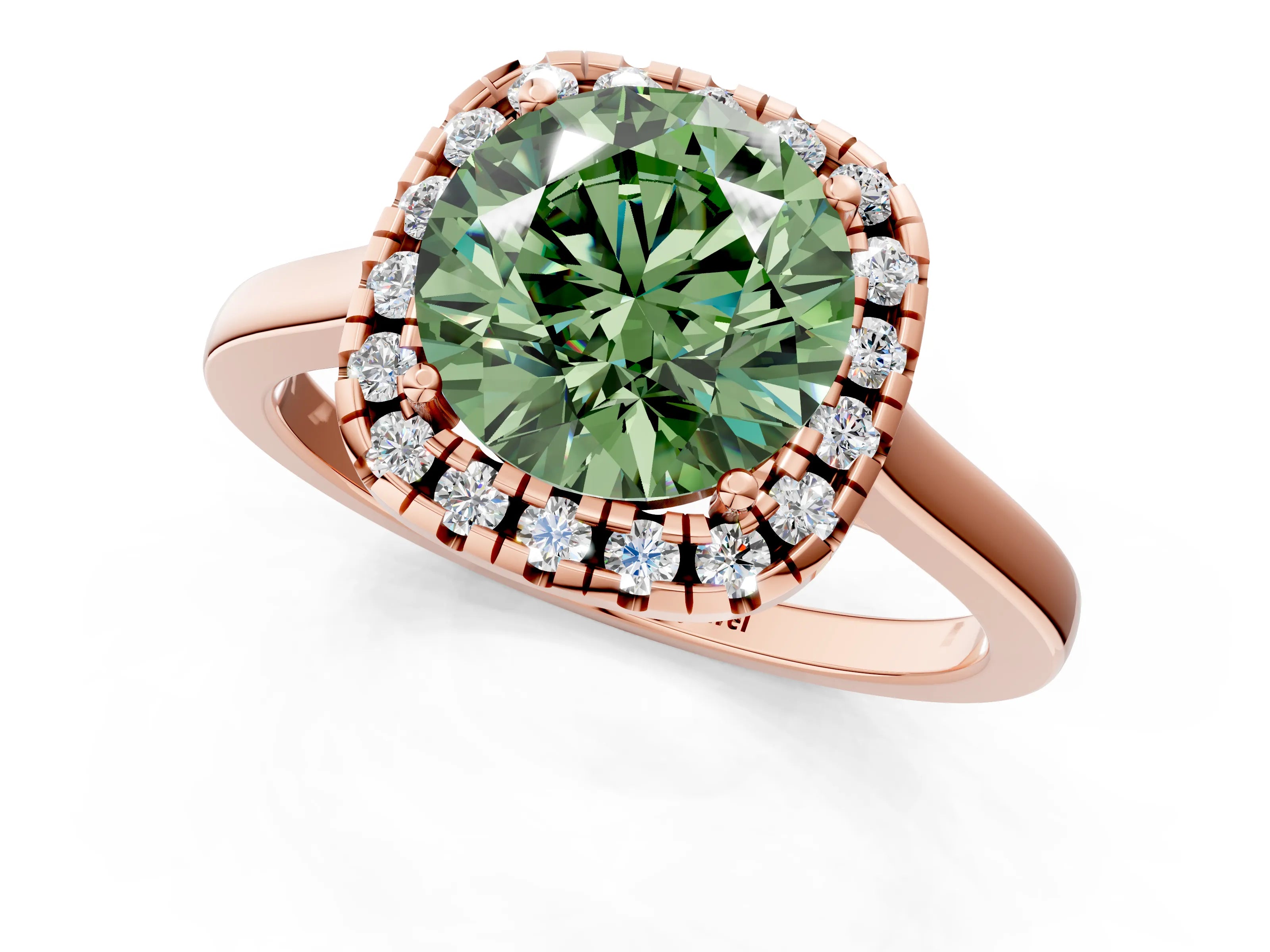 Rose gold Fancy Green Round Cut Halo Round Diamond Solitaire Ring with Pavé Band and Four-Prong Setting_1