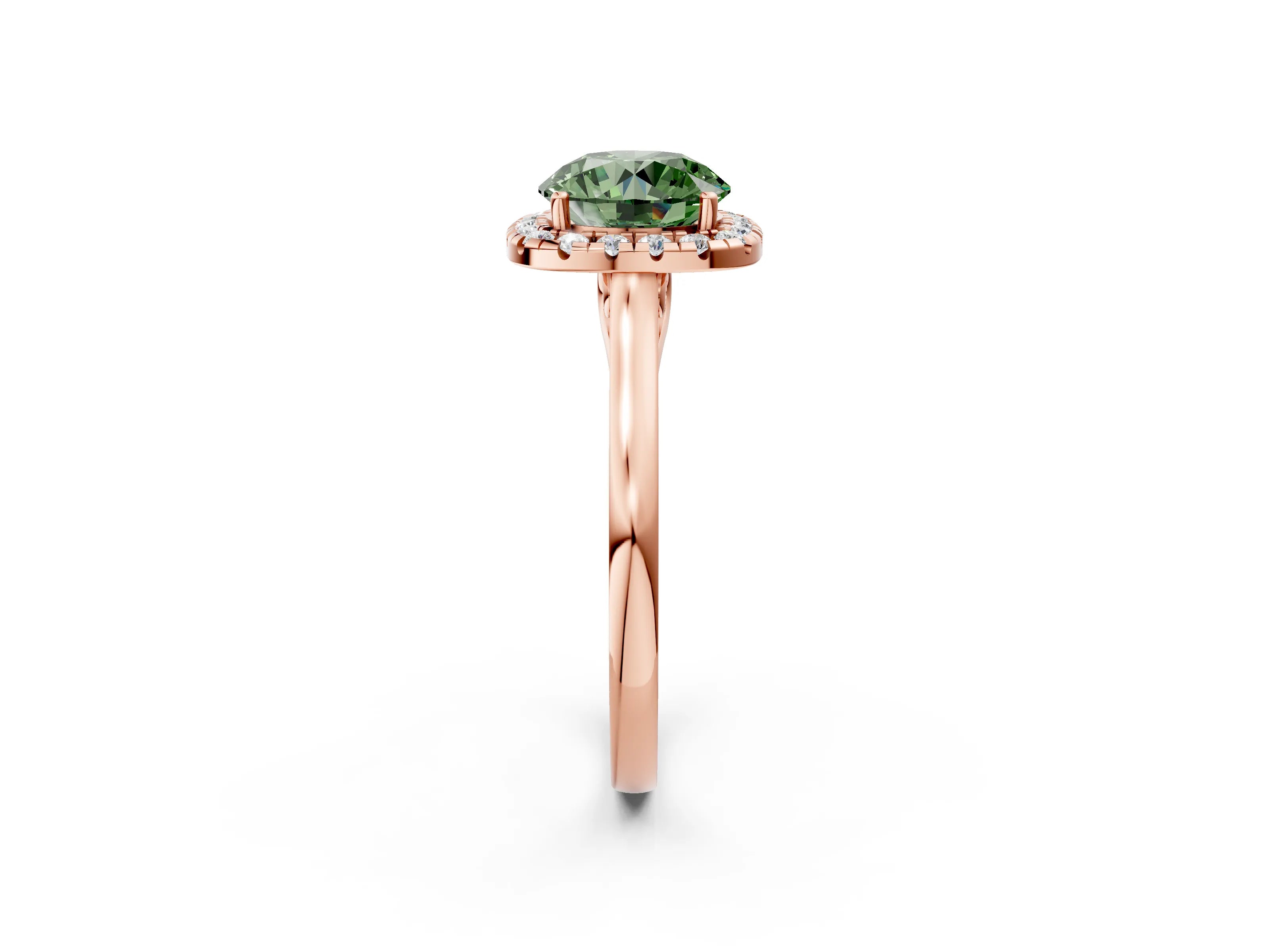 Rose gold Fancy Green Round Cut Halo Round Diamond Solitaire Ring with Pavé Band and Four-Prong Setting_2