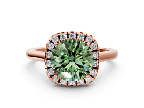 Rose gold Fancy Green Round Cut Halo Round Diamond Solitaire Ring with Pavé Band and Four-Prong Setting