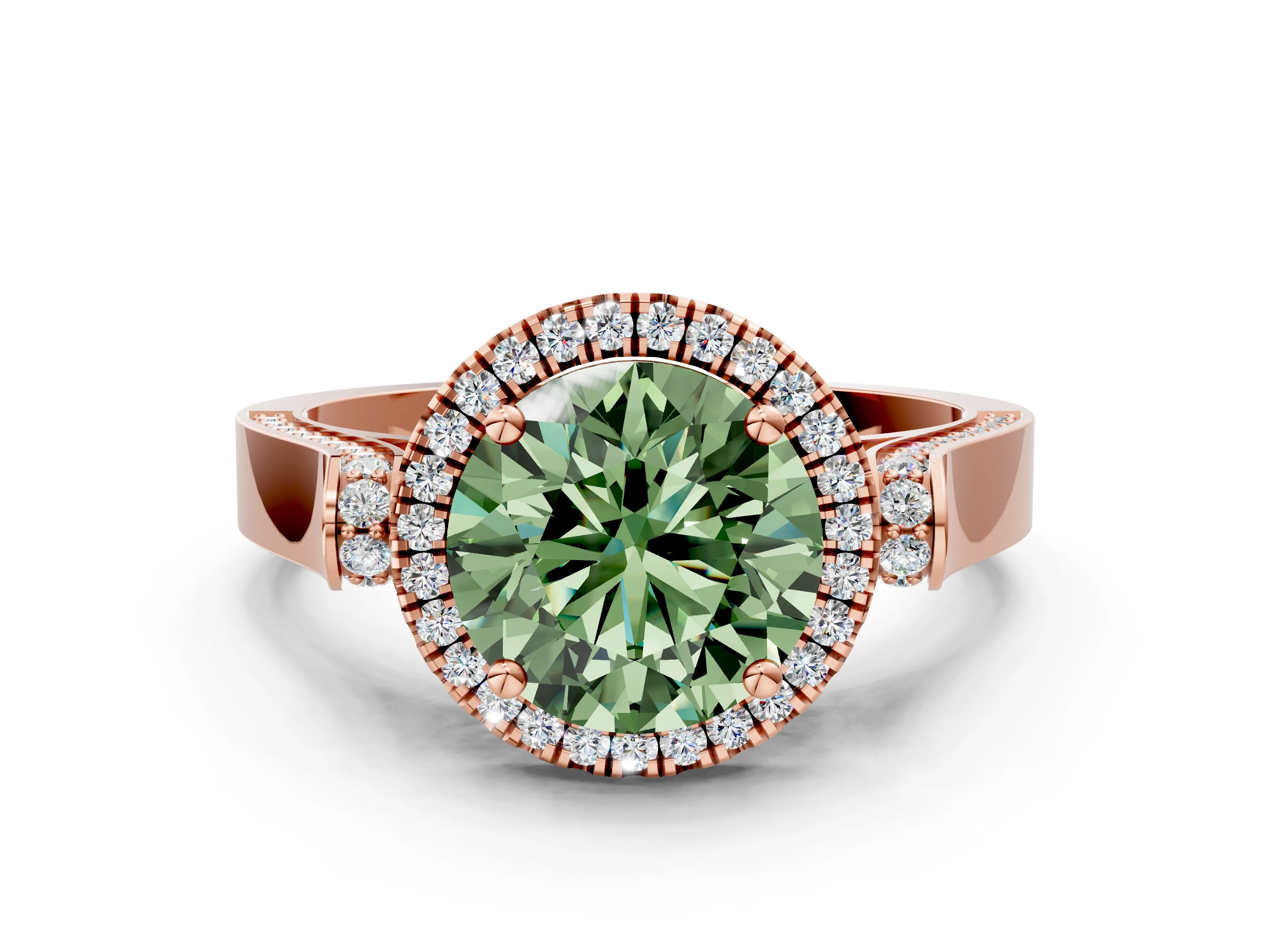 Rose gold Fancy Green Round Cut Halo Round Diamond Twist Band with Four-Prong Setting
