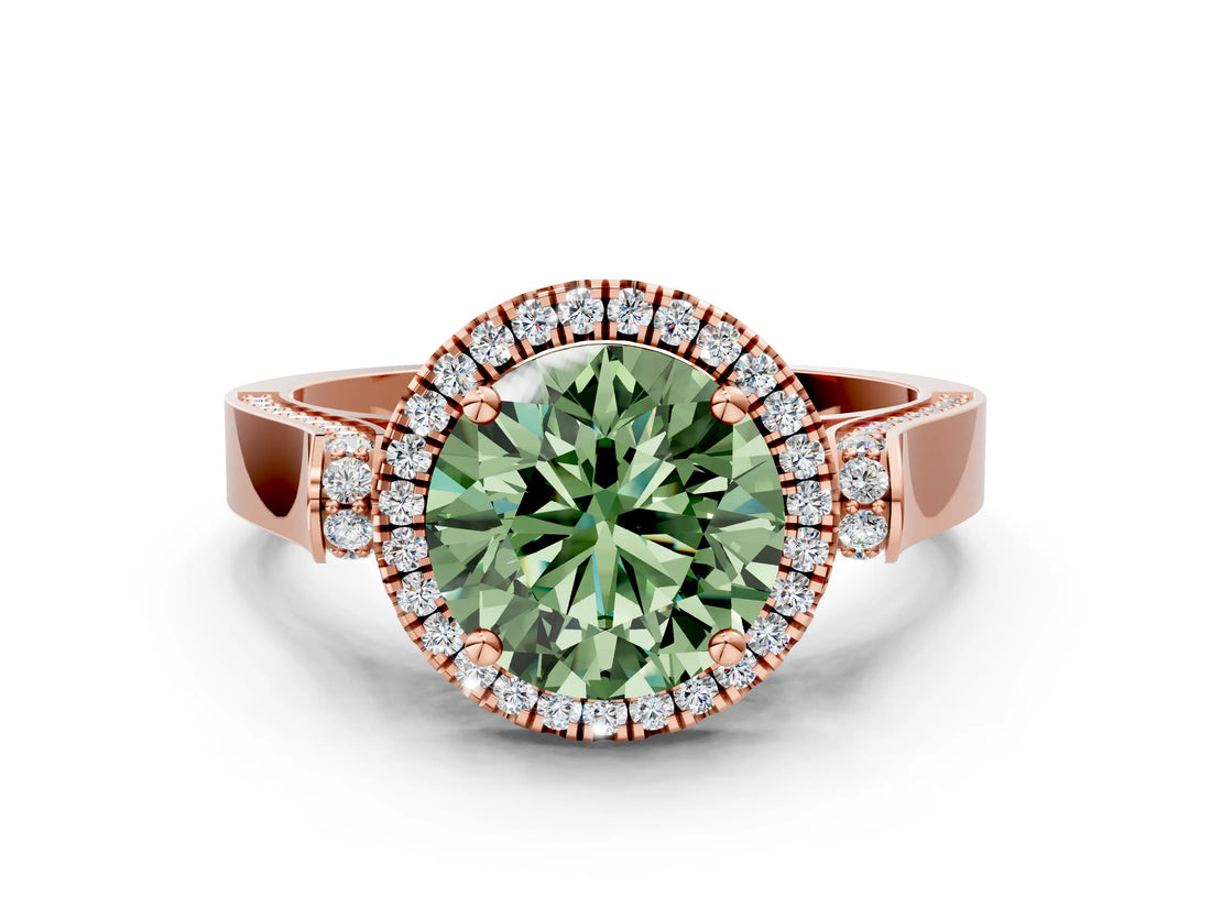 Rose gold Fancy Green Round Cut Halo Round Diamond Twist Band with Four-Prong Setting
