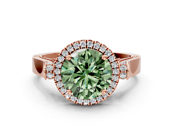 Rose gold Fancy Green Round Cut Halo Round Diamond Twist Band with Four-Prong Setting