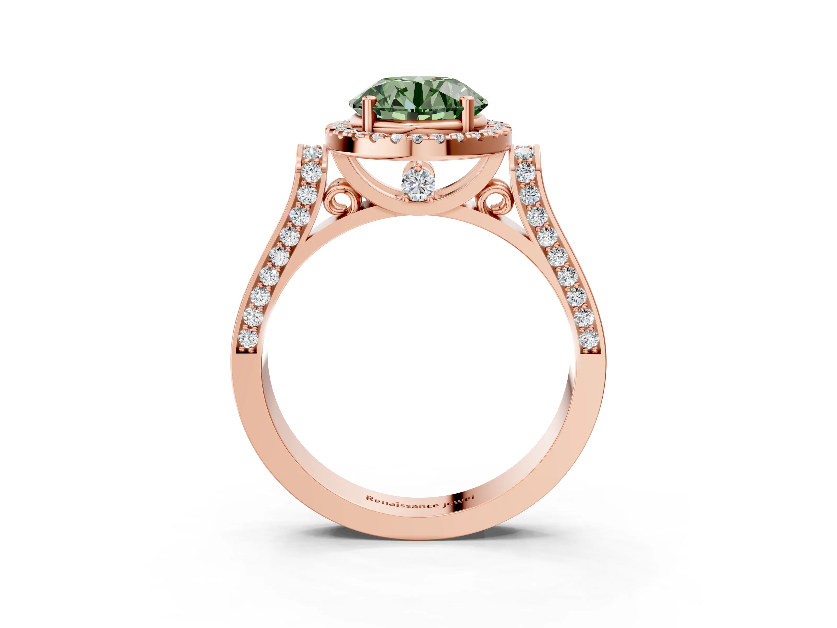 Rose gold Fancy Green Round Cut Halo Round Diamond Twist Band with Four-Prong Setting_3
