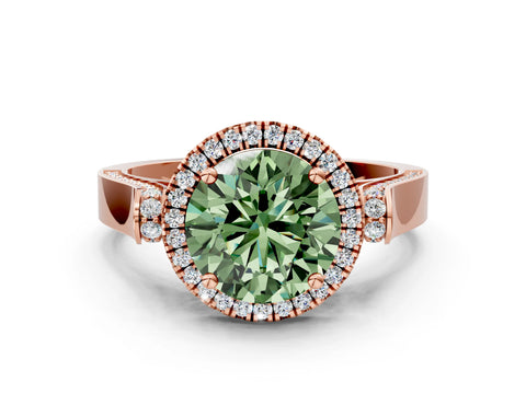 Rose gold Fancy Green Round Cut Halo Round Diamond Twist Band with Four-Prong Setting