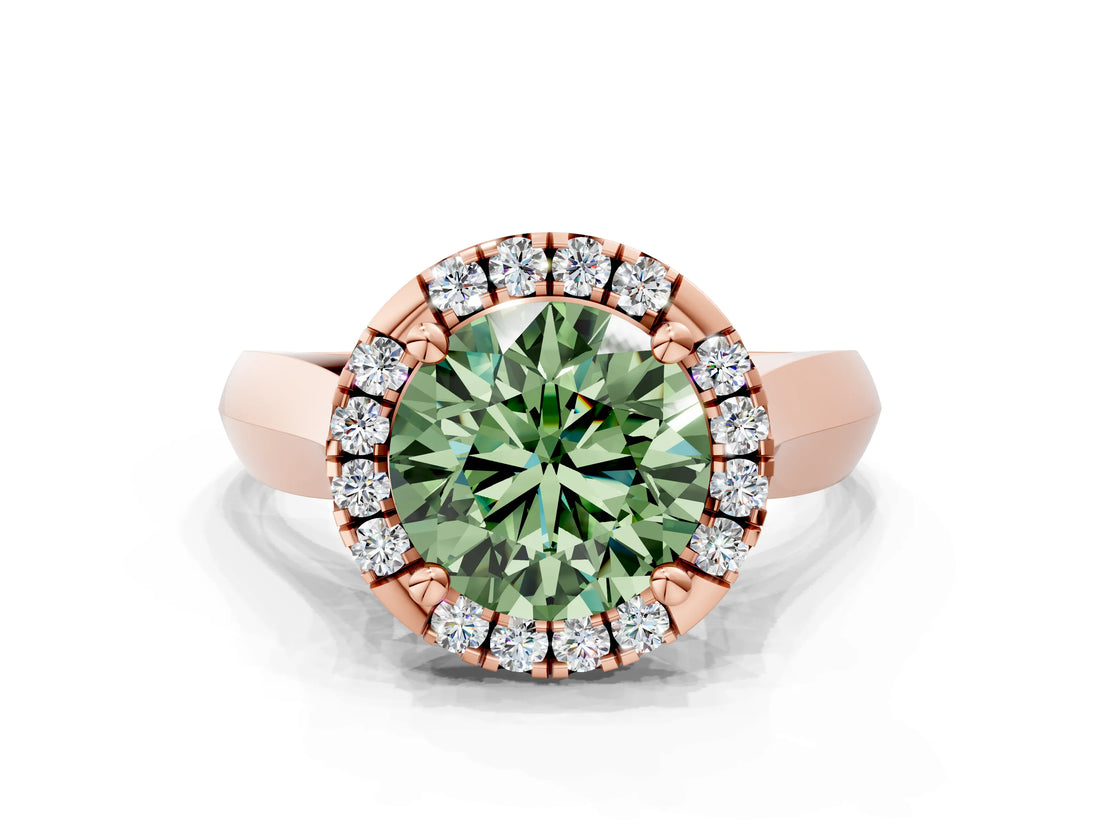Rose gold Fancy Green Round  Cut Halo Solitaire Engagement Ring with Square Band and Four-Prong Setting_114