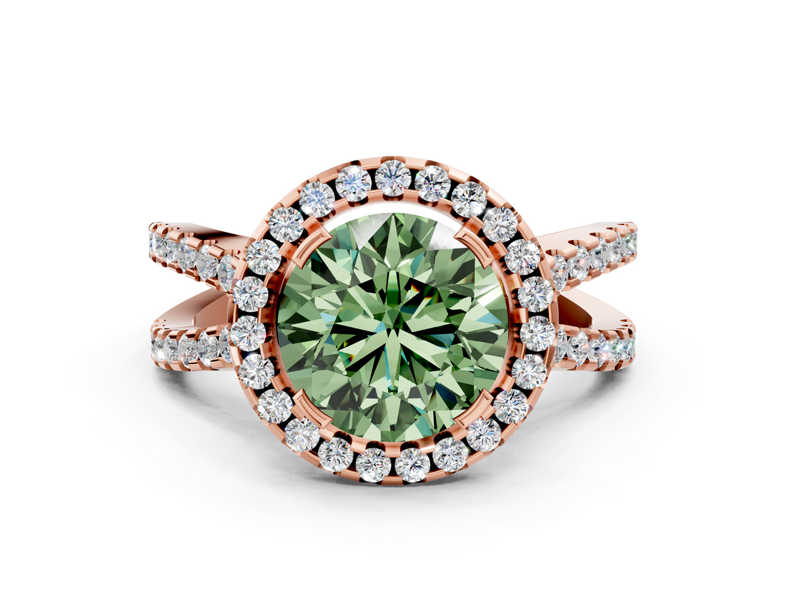 Rose gold Fancy Green Round  Cut Halo Split Shank Pave Set Ring_62