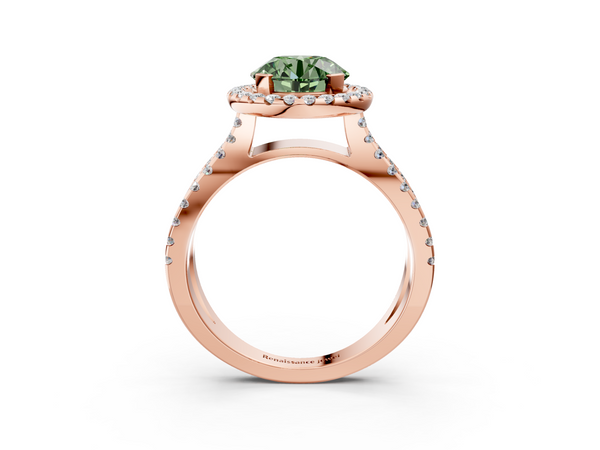 Rose gold Fancy Green Round Cut Diamond Halo Ring with Split Shank Pavé Band and Prong Setting