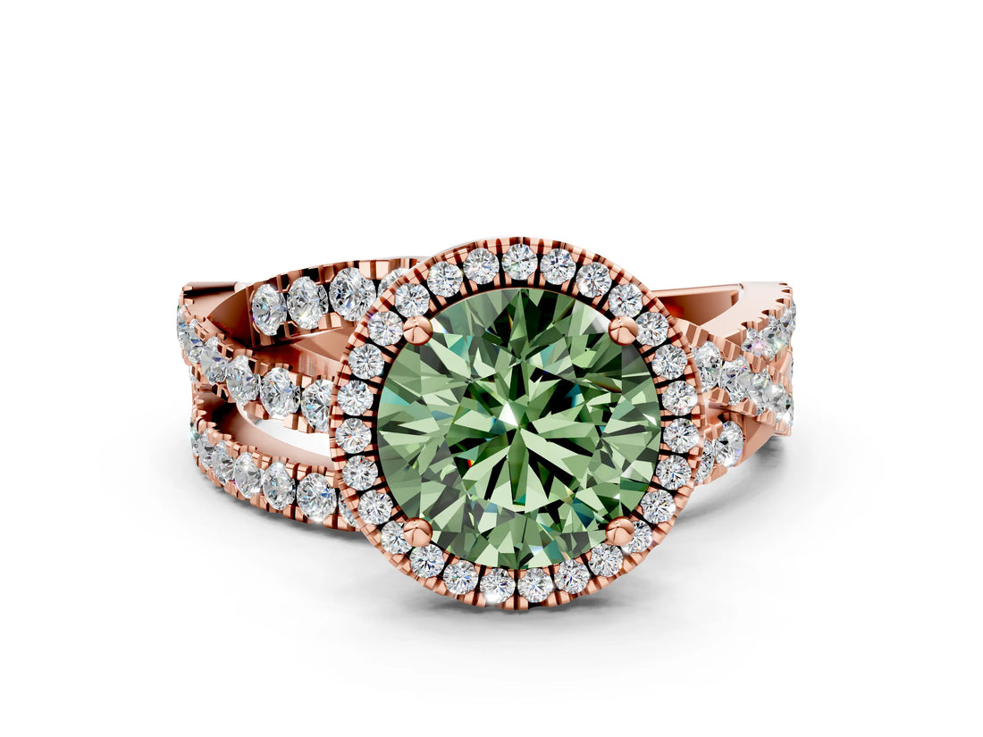 Rose gold Fancy Green Round  Cut Halo Split Shank Prong Setting Ring_12