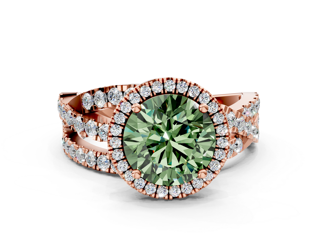 Rose gold Fancy Green Round  Cut Halo Split Shank Prong Setting Ring_59