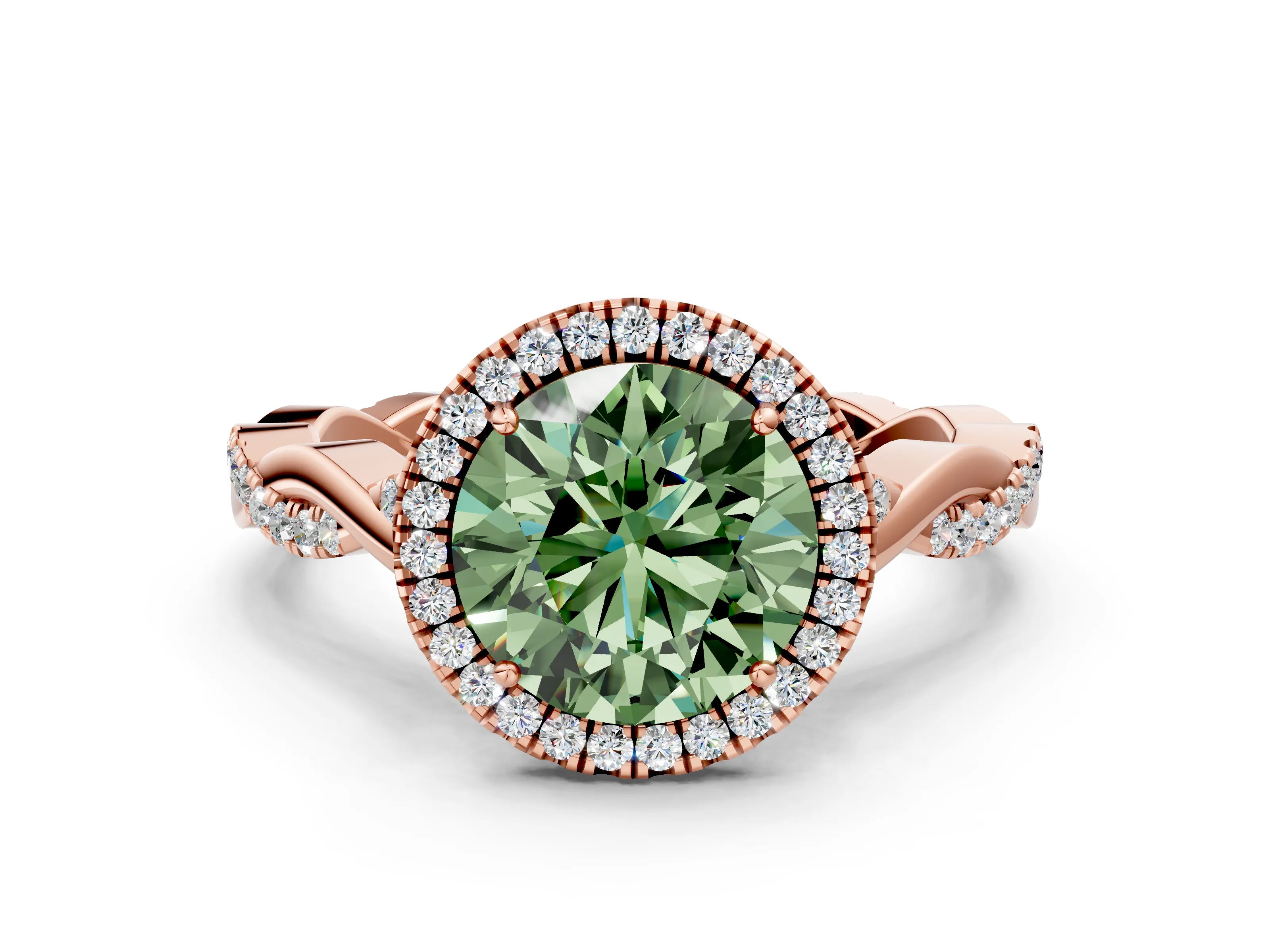 Rose gold Fancy Green Round Cut Halo Twist Band with Four-Prong Setting