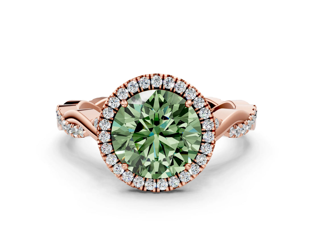 Rose gold Fancy Green Round Cut Halo Twist Band with Four-Prong Setting_12