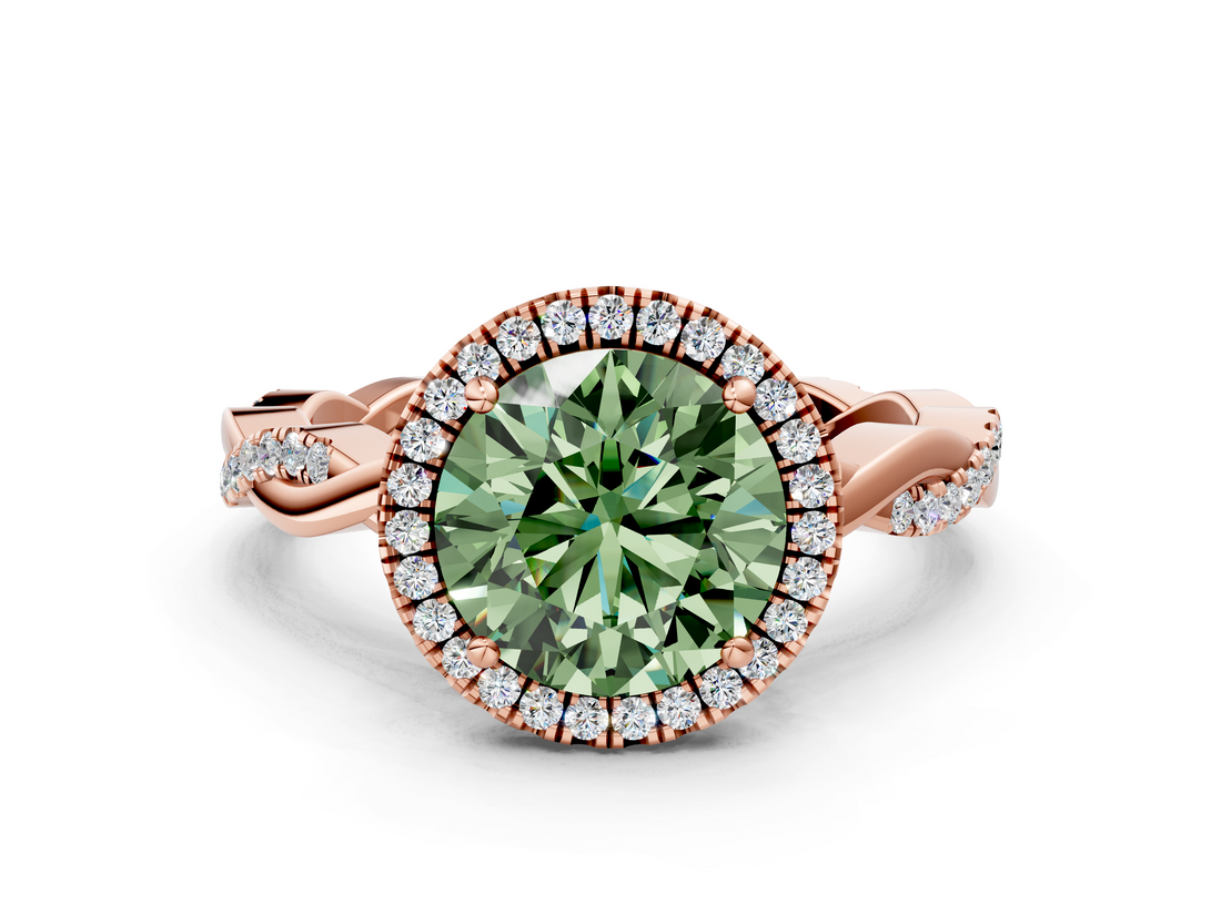 Rose gold Fancy Green Round  Cut Halo Twisted Band Four-Prong Ring_19