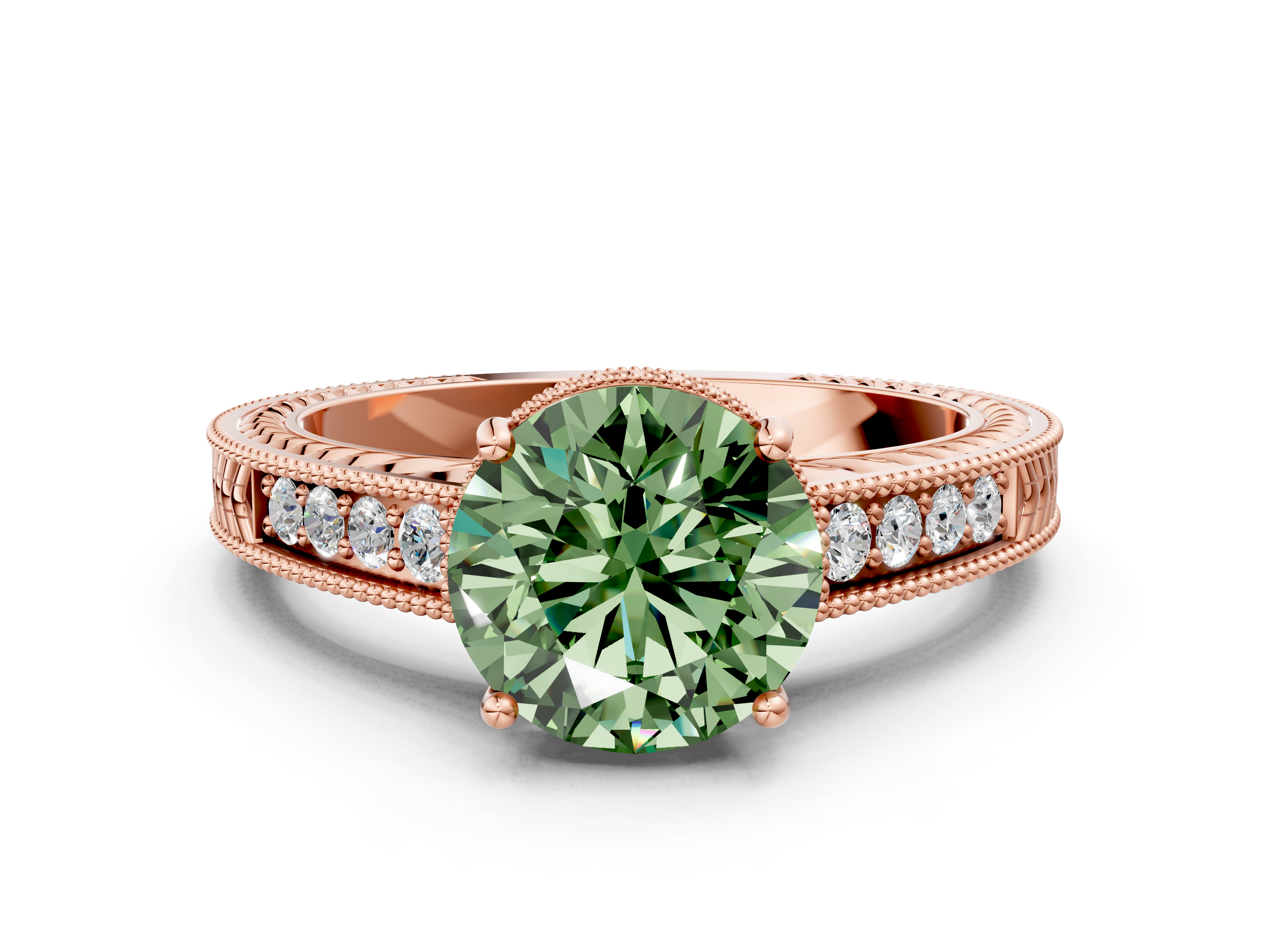 Rose gold Fancy Green Round  Cut Milgrain Channel Set Engagement Ring with Solitaire Prong Setting_48