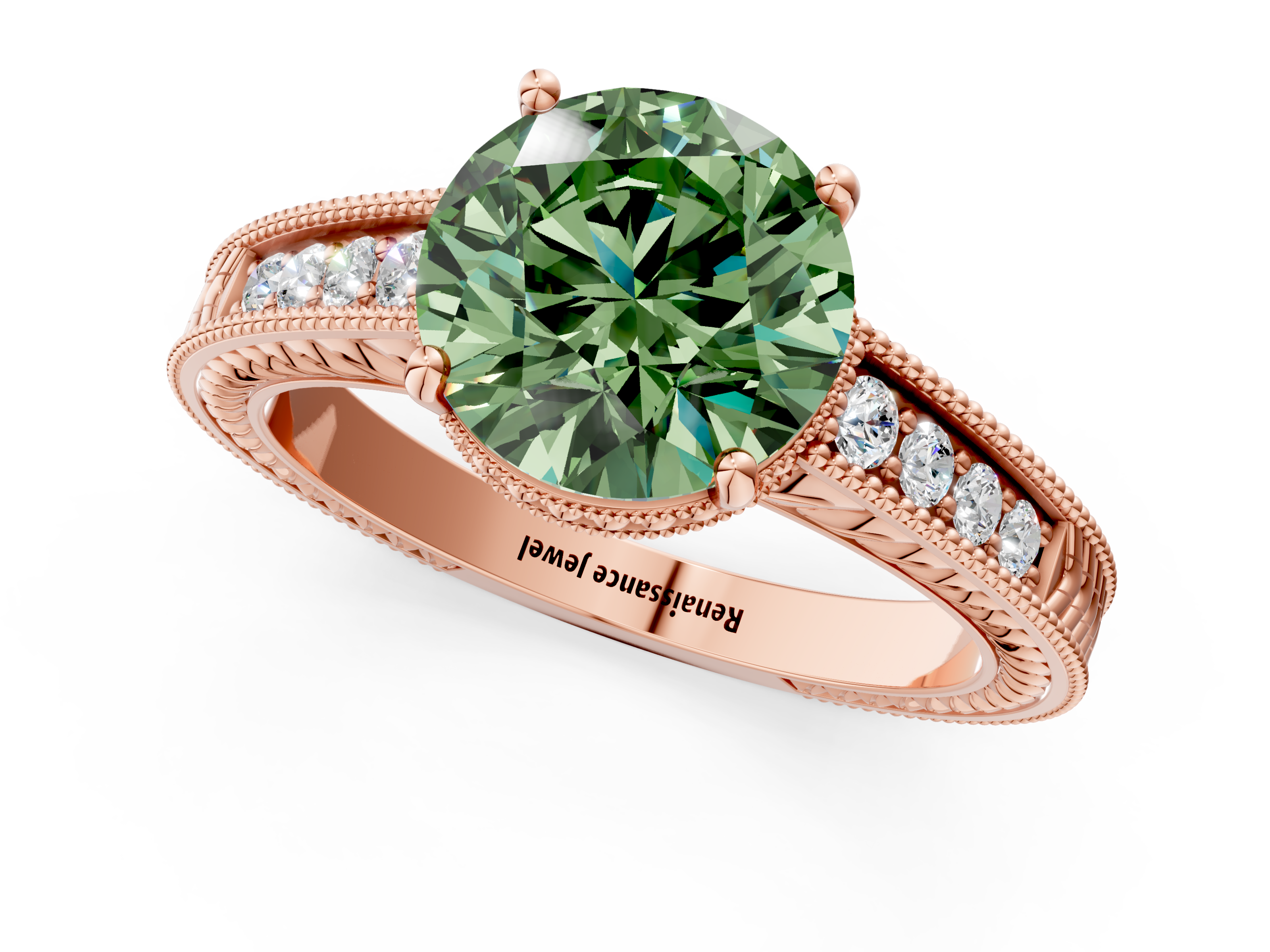 Rose gold Fancy Green Round  Cut Milgrain Channel Set Engagement Ring with Solitaire Prong Setting_49