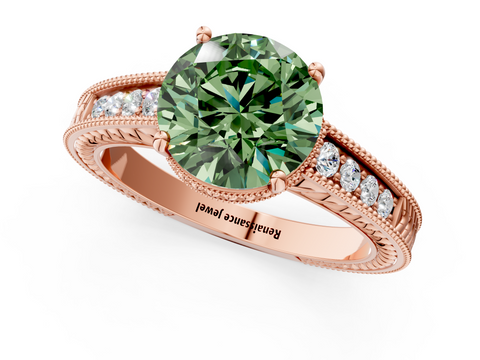 Rose gold Fancy Green Round  Cut Milgrain Channel Set Engagement Ring with Solitaire Prong Setting_49