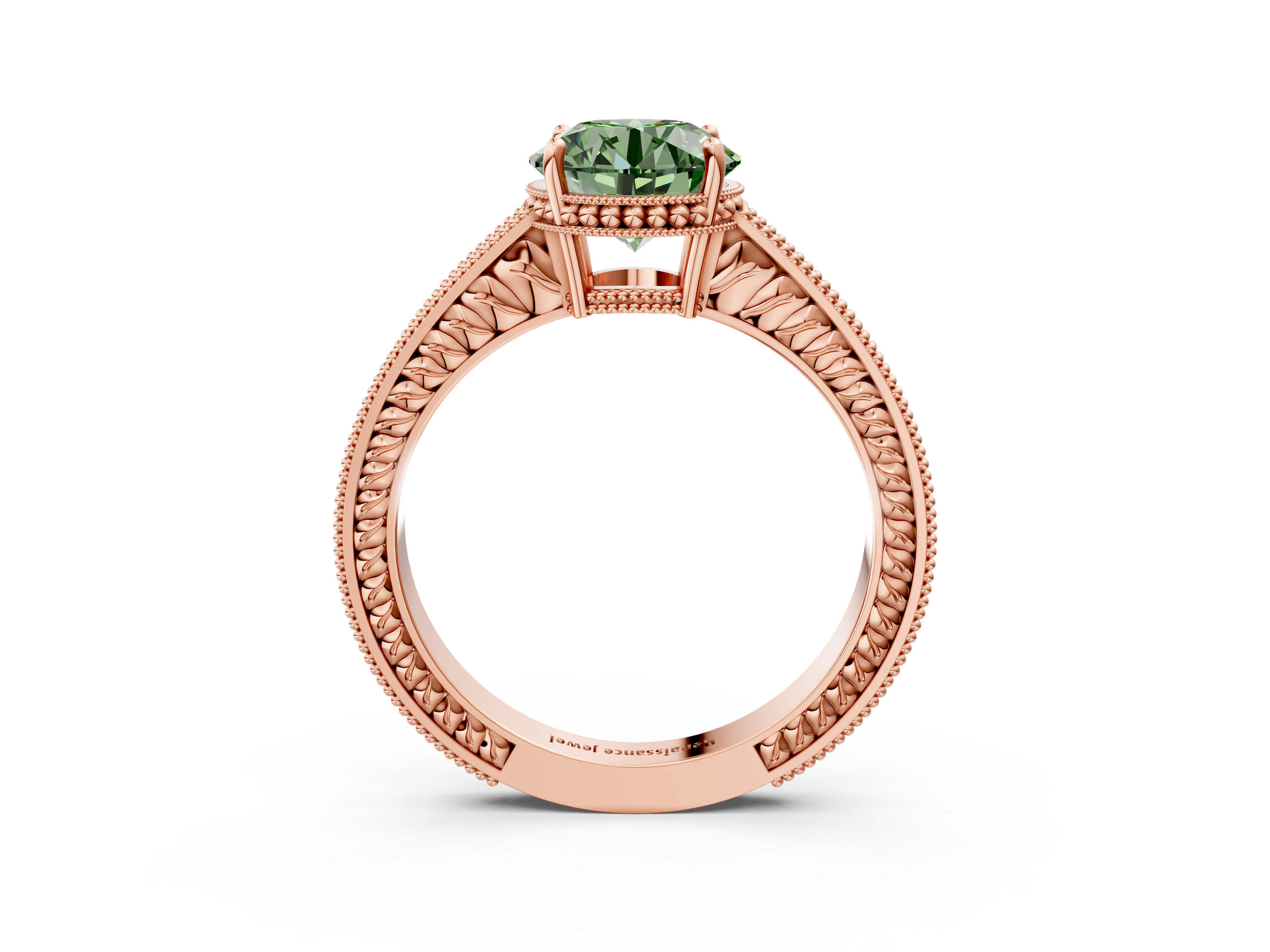 Rose gold Fancy Green Round  Cut Milgrain Channel Set Engagement Ring with Solitaire Prong Setting_51