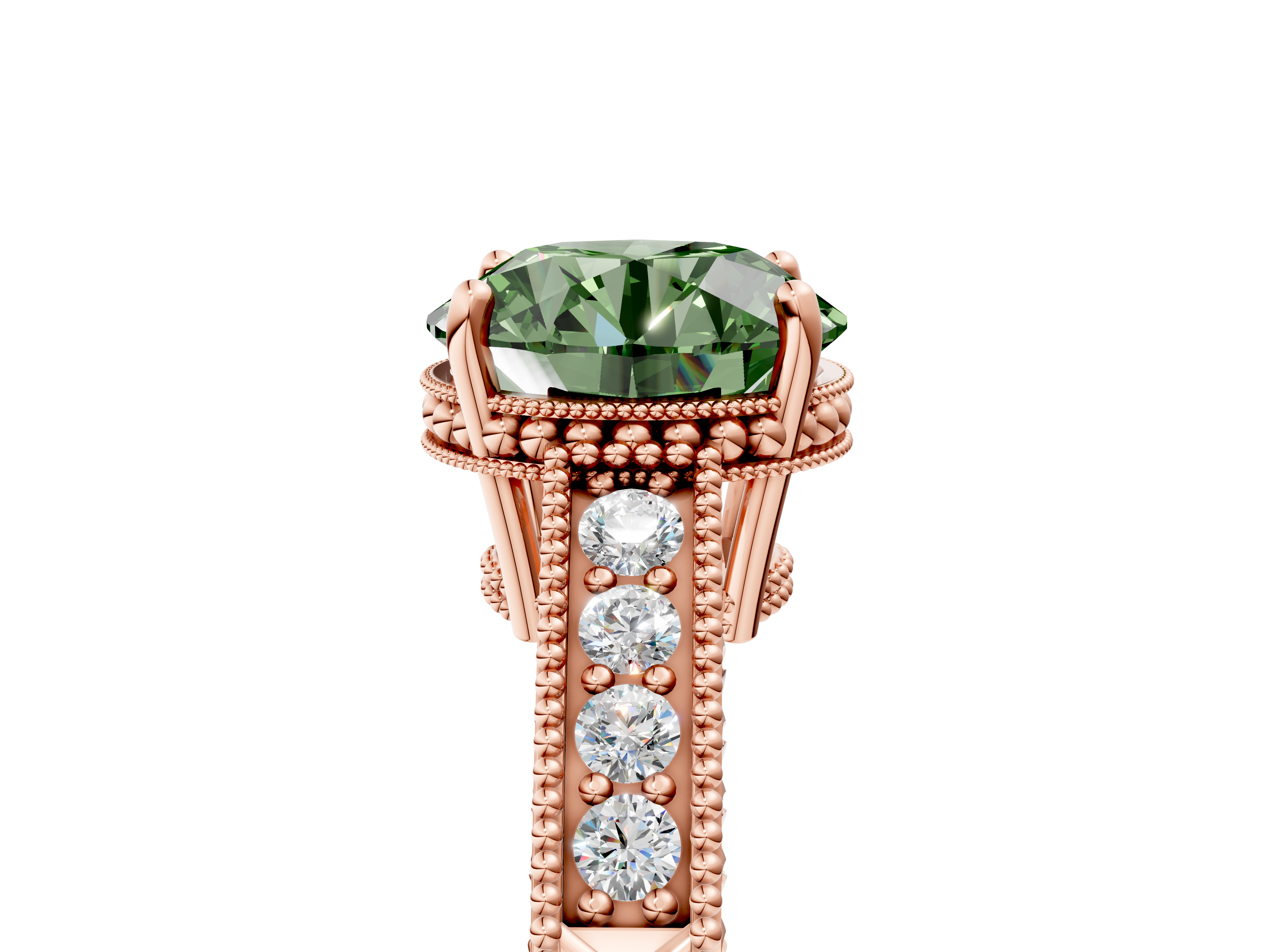 Rose gold Fancy Green Round  Cut Milgrain Channel Set Engagement Ring with Solitaire Prong Setting_53