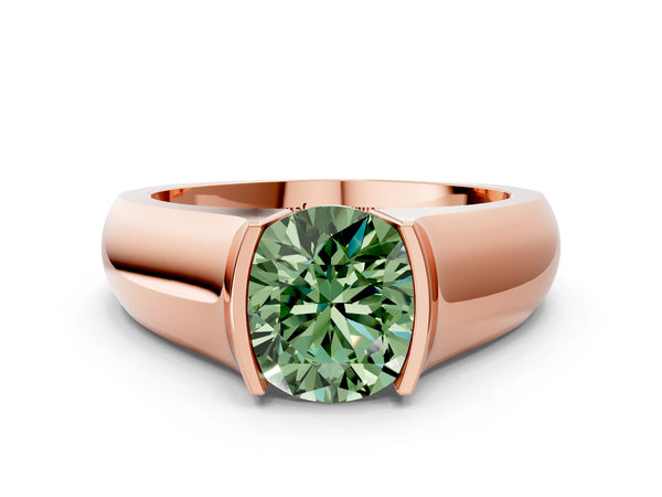 Rose gold Fancy Green Round Cut Solitaire Bezel Set Diamond Ring with Wide Band