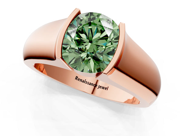 Rose gold Fancy Green Round Cut Solitaire Bezel Set Diamond Ring with Wide Band