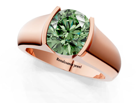 Rose gold Fancy Green Round Cut Solitaire Bezel Set Diamond Ring with Wide Band_1