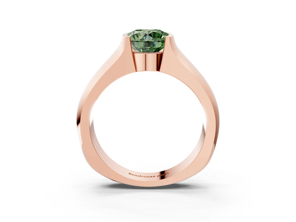 Rose gold Fancy Green Round Cut Solitaire Bezel Set Diamond Ring with Wide Band