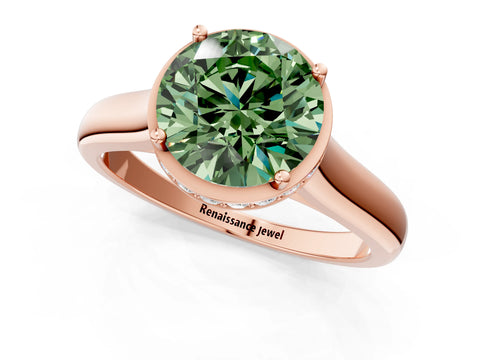 Rose gold Fancy Green Round Cut Solitaire Diamond Engagement Ring with Four-Prong Setting and Tapered Band_1