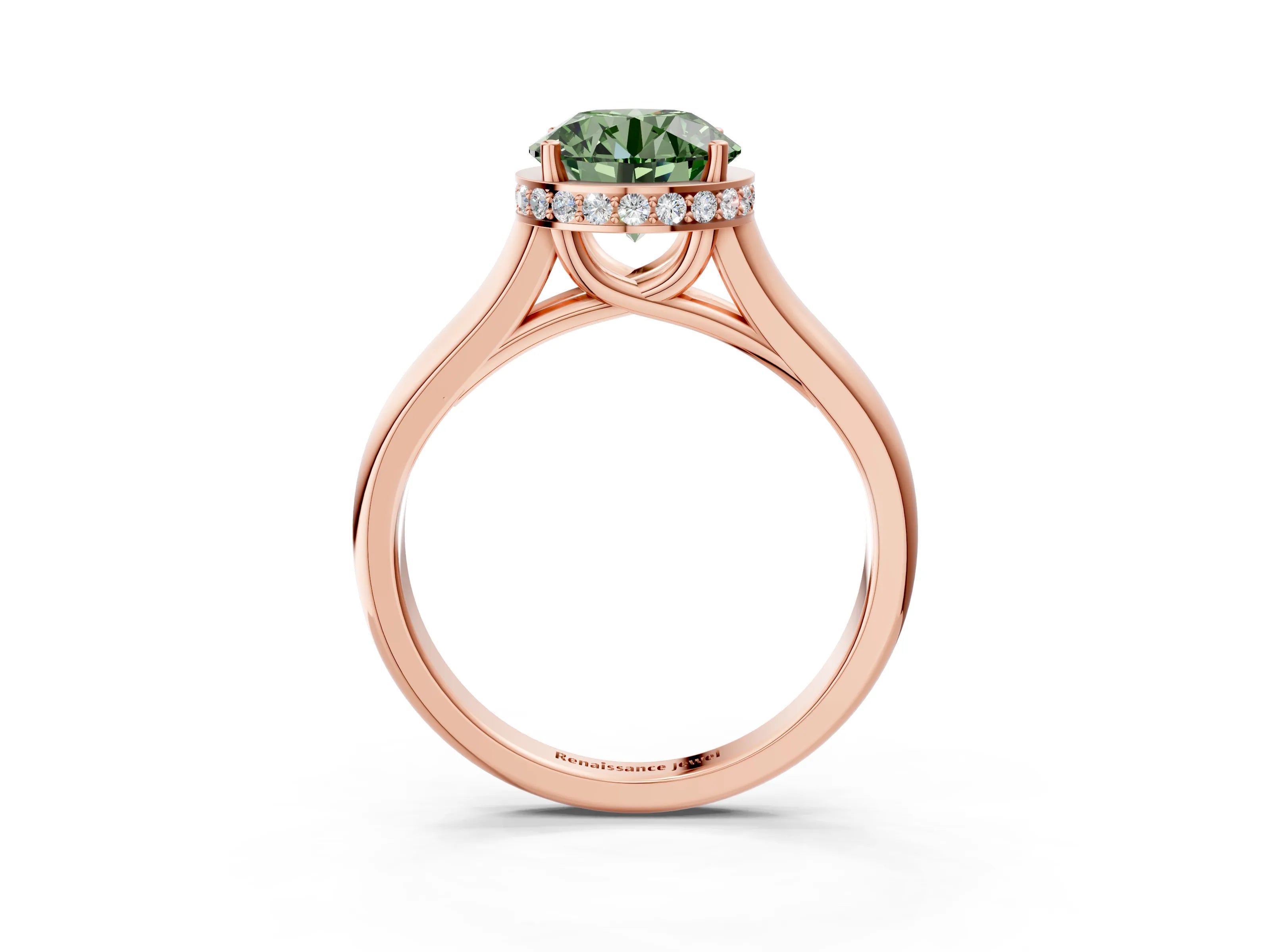 Rose gold Fancy Green Round Cut Solitaire Diamond Engagement Ring with Four-Prong Setting and Tapered Band_3