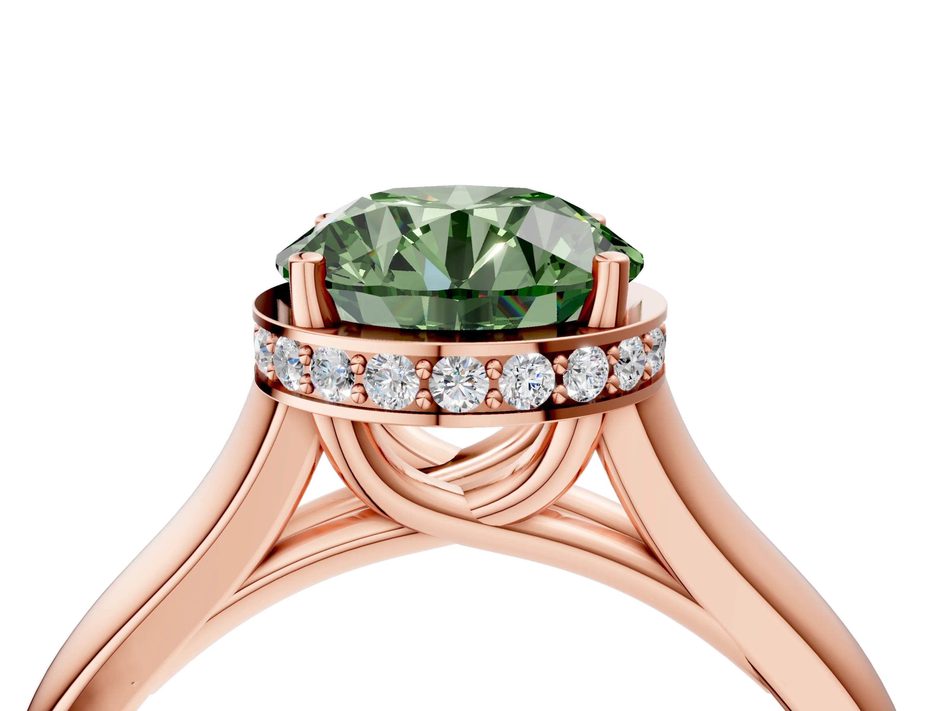 Rose gold Fancy Green Round Cut Solitaire Diamond Engagement Ring with Four-Prong Setting and Tapered Band_4