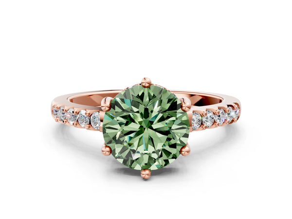 Rose gold Fancy Green Round Cut Solitaire Diamond Engagement Ring with Pavé Band and Six-Prong Setting