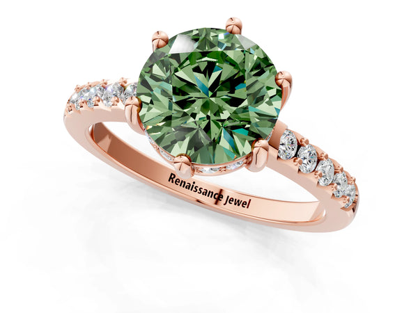Rose gold Fancy Green Round Cut Solitaire Diamond Engagement Ring with Pavé Band and Six-Prong Setting