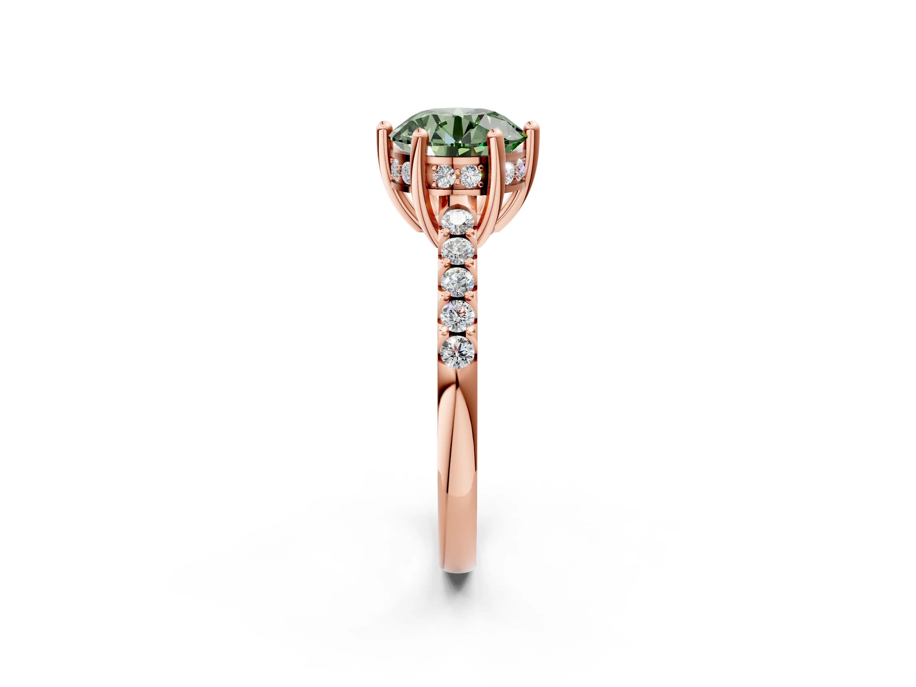 Rose gold Fancy Green Round Cut Solitaire Diamond Engagement Ring with Pavé Band and Six-Prong Setting_2