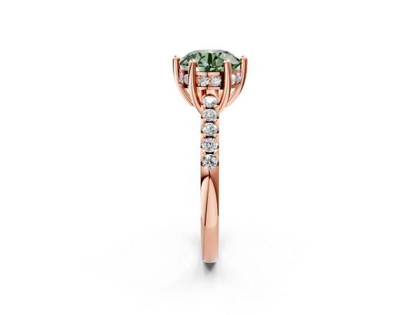 Rose gold Fancy Green Round Cut Solitaire Diamond Engagement Ring with Pavé Band and Six-Prong Setting